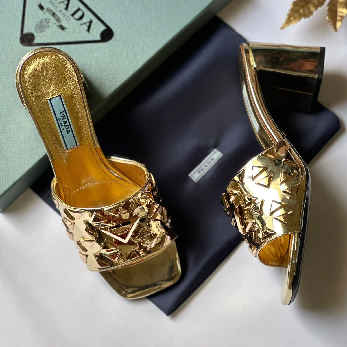 Prada Metallic Gold Triangle Logo Shoes