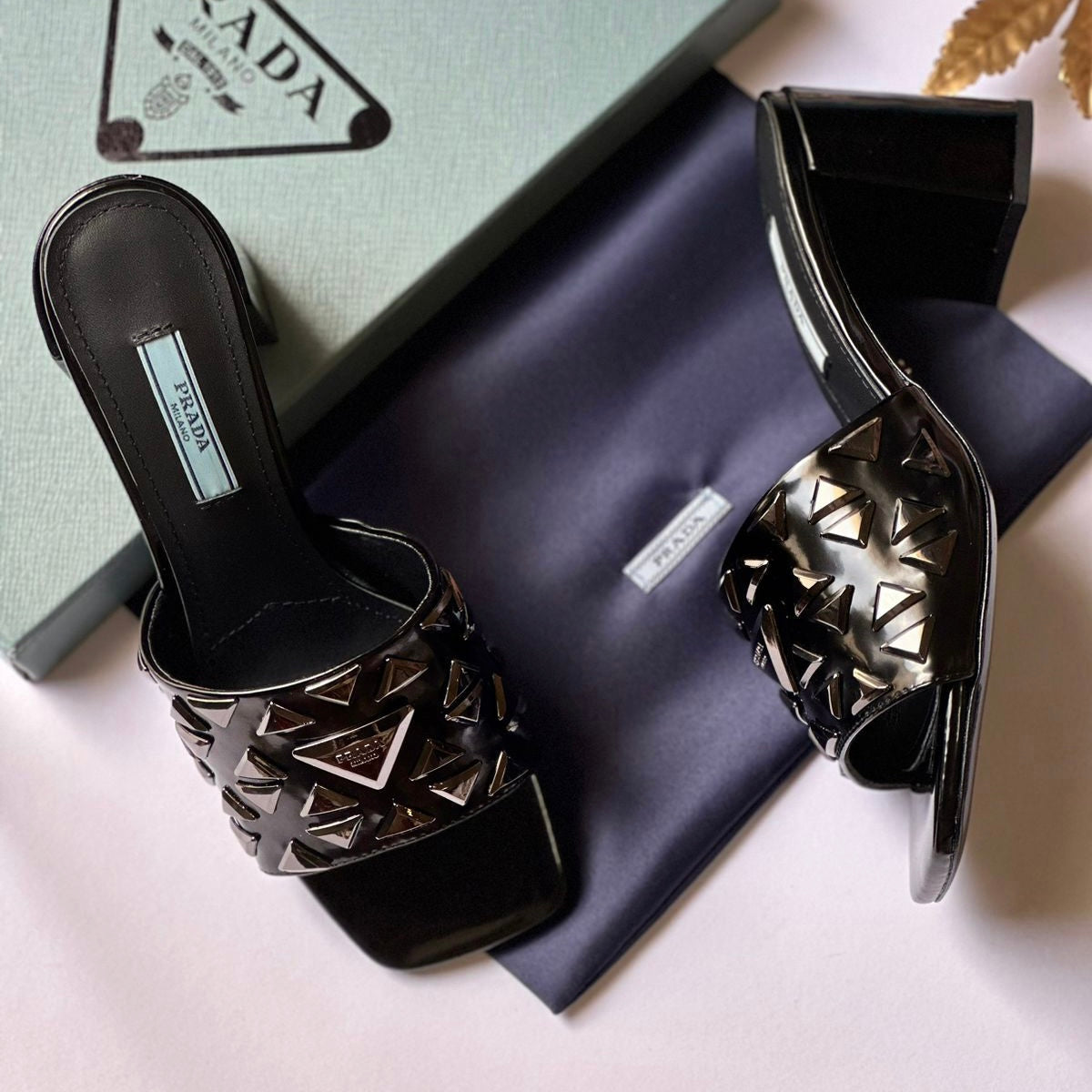 Prada Metallic Gold Triangle Logo Shoes